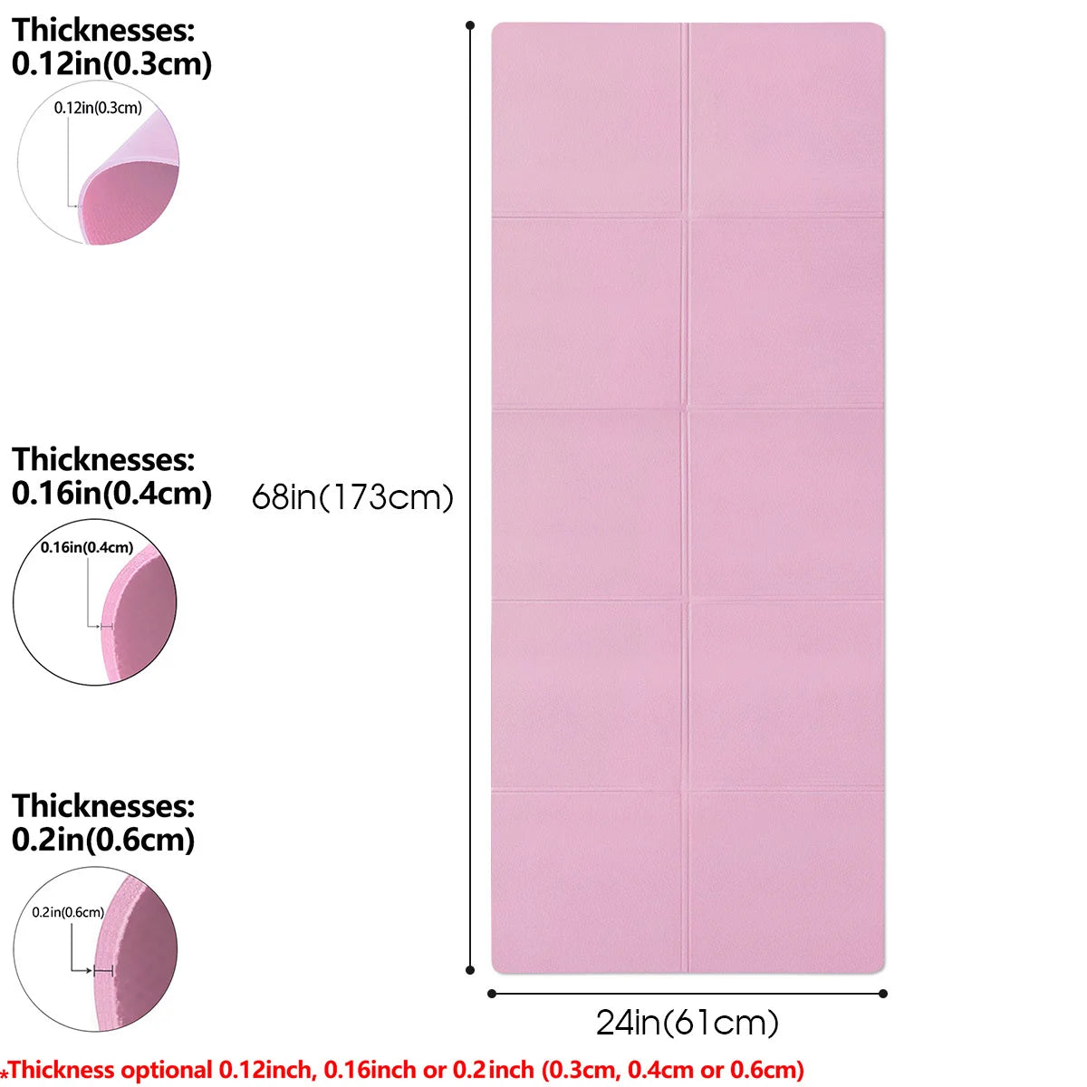 Premium EVA Yoga Mat - Eco-Friendly Foldable Exercise Mat - 173cm x 61cm - Available in 3mm/4mm/6mm Thickness - Pink