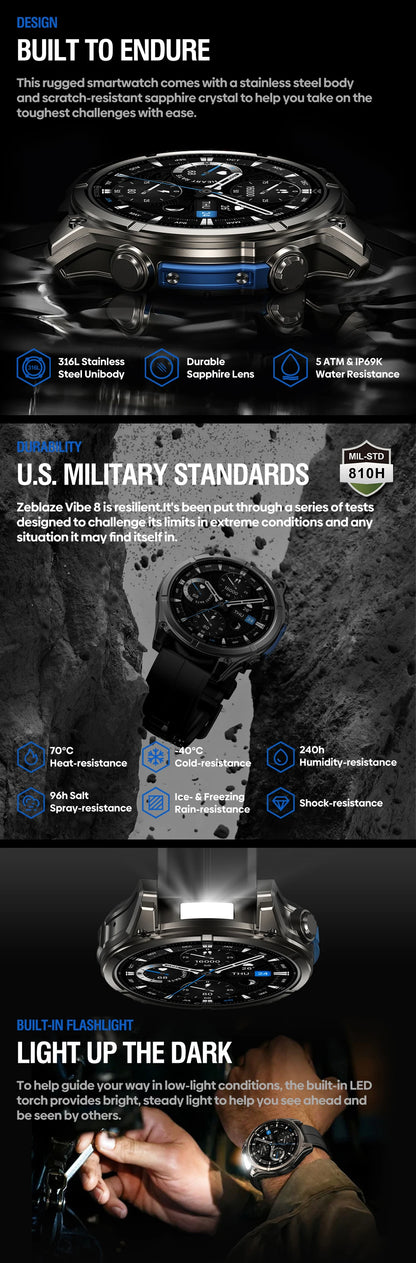 1.43" AMOLED Smart Watch with Voice Calling - Built-in Flashlight, Heart Rate & Blood Pressure Monitor