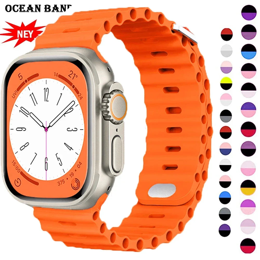 Ocean Strap Silicone Band for Apple Watch - Compatible with Ultra 2, Series 9/8/7/6/5/4/3/SE - All Sizes (49mm, 45mm, 44mm, 42mm, 41mm, 40mm) - Premium Silicone Bracelet Wristband