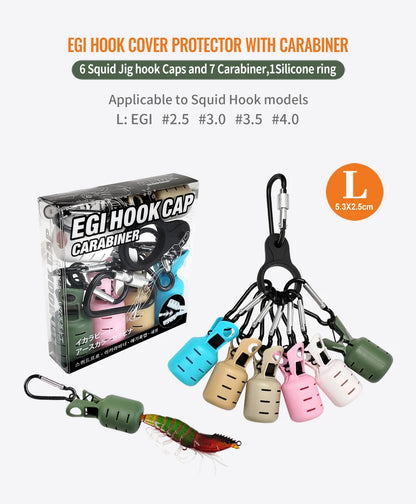 Squid Jig Bait Protector Kit - 6pcs Webfoot Octopus Egi Hook Covers with Carabiner for Cuttlefish Umbrella Lure Fishing Tackle