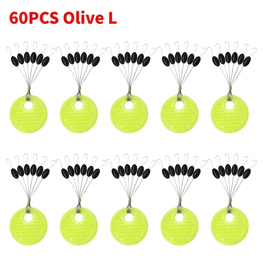 Fishing Line Space Beans Set - 60pcs (10 Groups) Rubber Stoppers, Oval & Long Column Shaped Vertical Bobber Tools