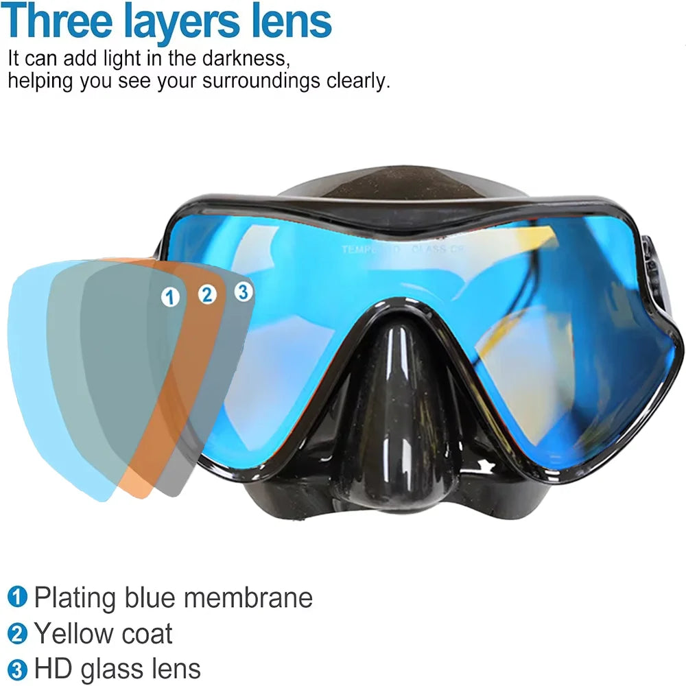 Professional Snorkeling Mask Set Tempered Glass Diving Goggles Foldable Dry Snorkel Tube Travel Case Anti-Fog Silicone