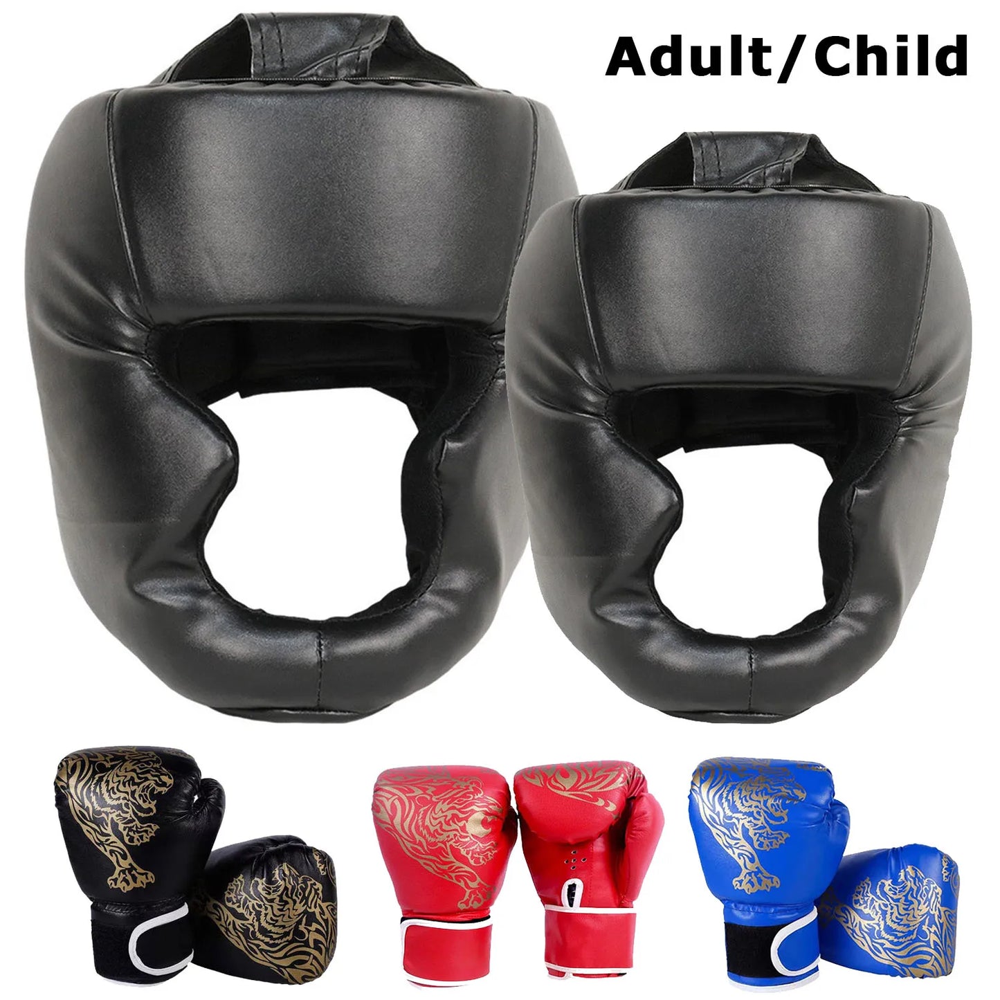 MMA Boxing Training Set - PU Leather Safety Gloves & Head Gear Protector for Adults & Kids - Kickboxing Equipment