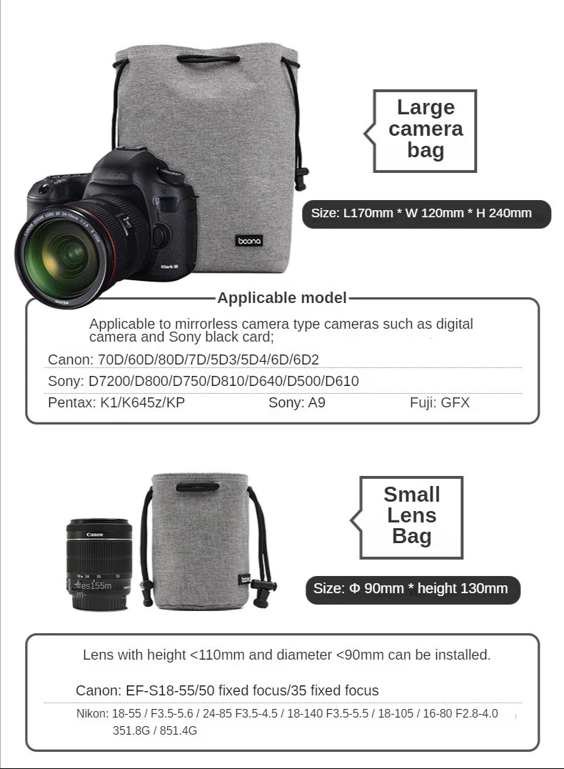 Camera Lens Bag - Waterproof Drawstring Pouch with Fleece Protection for DSLR Cameras