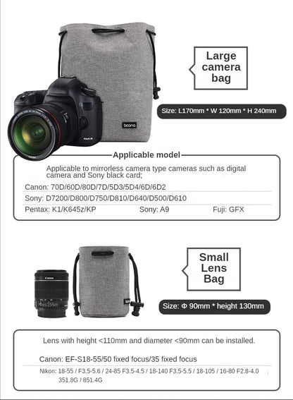 Camera Lens Bag - Waterproof Drawstring Pouch with Fleece Protection for DSLR Cameras