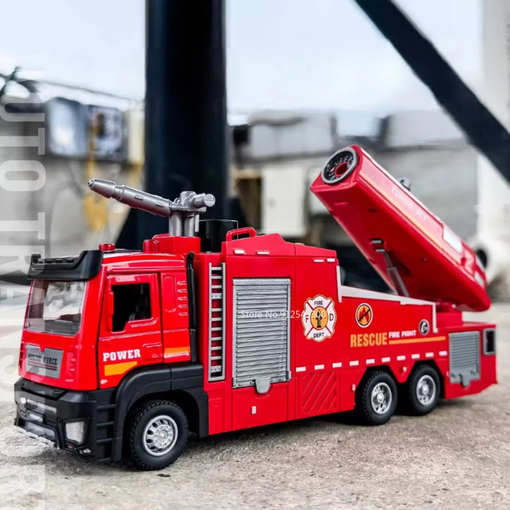 Fire Engine Model Truck 1:32 Scale with Water Spray Function - Ladder Truck Toy with Sound & Light Effects, Pull-Back Action, Opening Doors - Vehicle Collection Gift for Boys