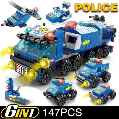 6-in-1 Emergency Vehicle Building Blocks Set - Police, Fire Truck & Construction Models (Compatible Building Bricks)