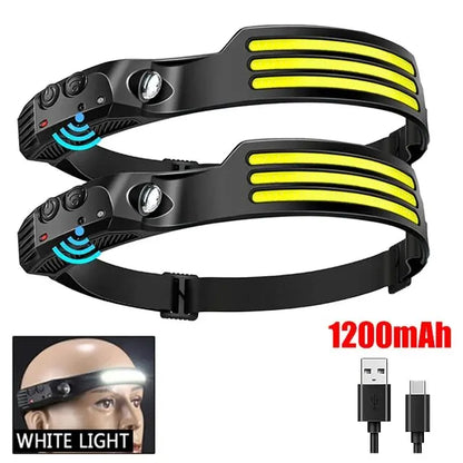 USB Rechargeable COB LED Headlamp with Motion Sensor - Built-in Battery Head Flashlight for Outdoor Camping and Fishing