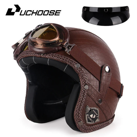 Retro Open Face 3/4 Motorcycle Helmet - Classic PU Leather Chopper & Bicycle Helmet (Vintage Style)