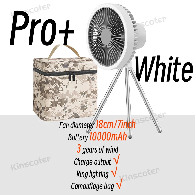Rechargeable Camping Fan - 10000mAh Power Bank with LED Lighting | Portable Desktop & Wireless Ceiling Electric Circulator Fan