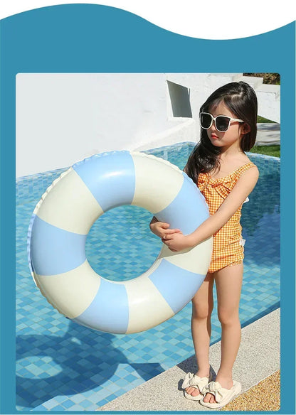 Kids PVC Striped Swimming Ring - Inflatable Floating Tube Donut for Boys & Girls Summer Pool Fun