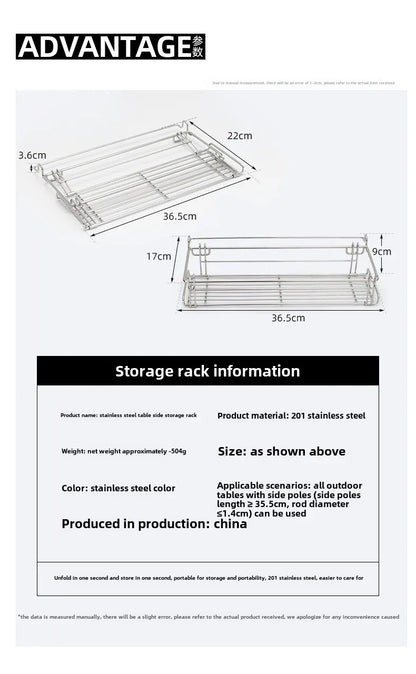 Folding Aluminum Table Extension Rack - IGT Compatible Hanging Mesh Storage Basket with Side Bracket for Outdoor Tables