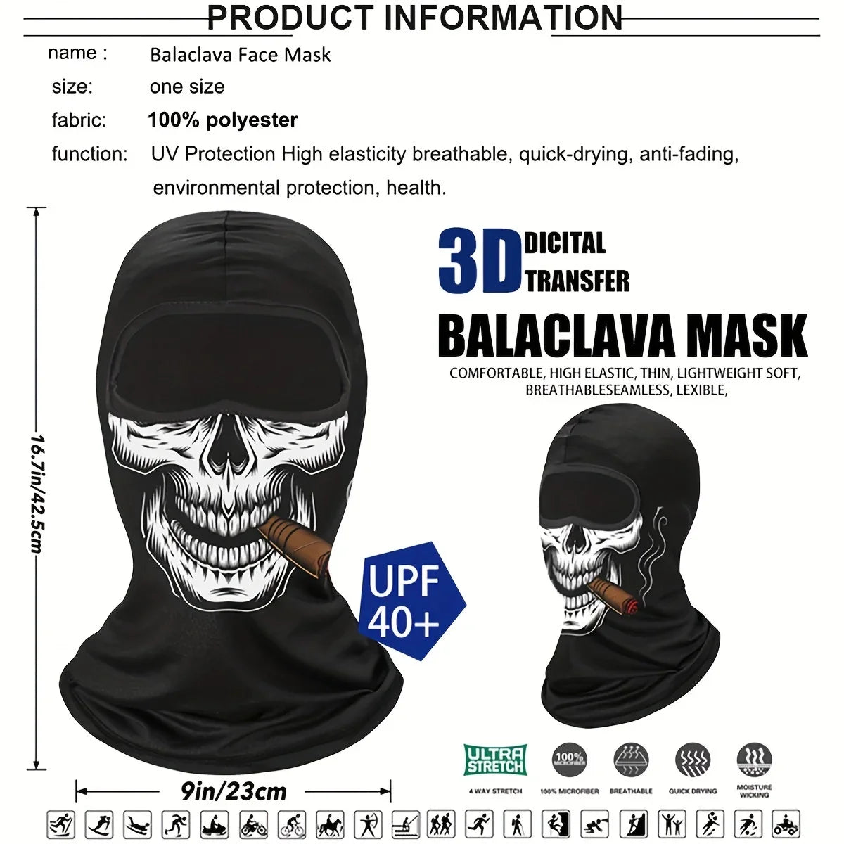 Full Face Balaclava Mask - Breathable Windproof UV Sun Protection - Moto Skull Ghost Clown Design for Summer Spring
