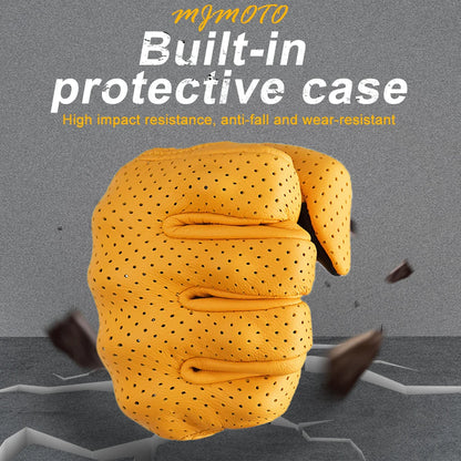 Breathable Perforated Leather Motorcycle Gloves - Retro Yellow Racing Gloves with Touch Screen for Men & Women - Motocross Motorbike Riding Gear