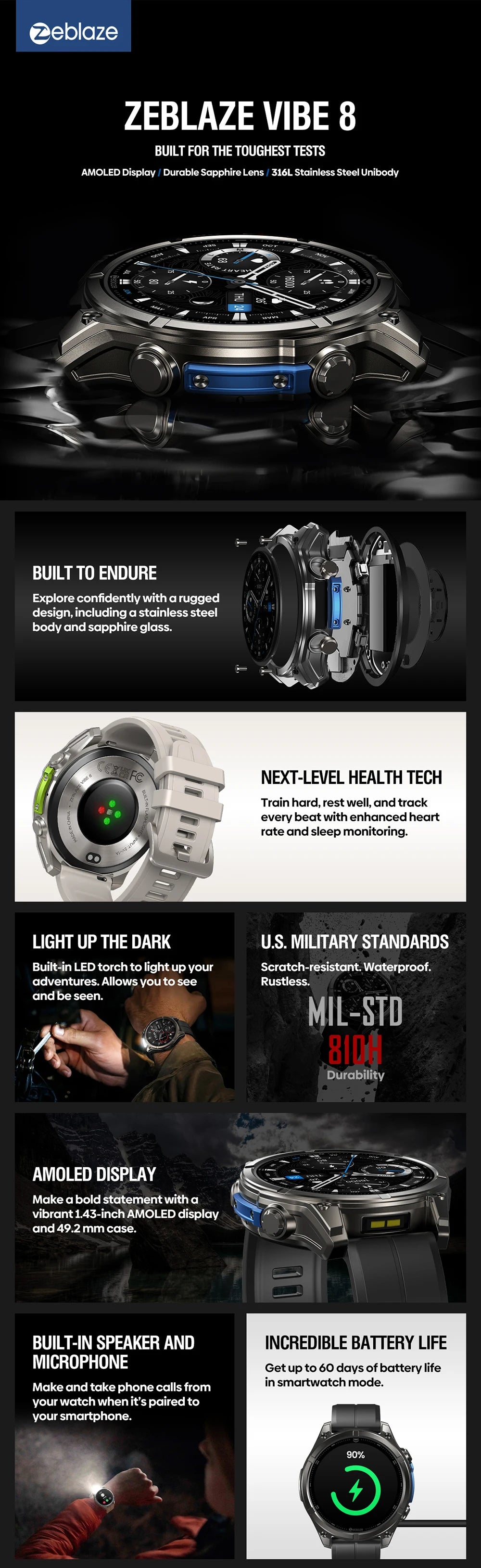 1.43" AMOLED Smart Watch with Voice Calling - Built-in Flashlight, Heart Rate & Blood Pressure Monitor