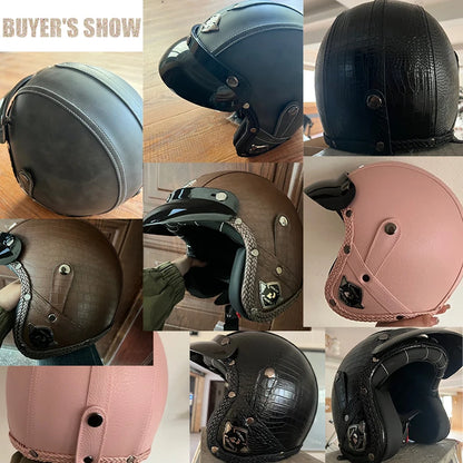 Retro Open Face 3/4 Motorcycle Helmet - Classic PU Leather Chopper & Bicycle Helmet (Vintage Style)