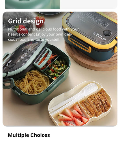 Portable Double-Layer Lunch Box with Compartments - Microwave Safe Food Container with Fork & Spoon Set for Picnic and Fresh Food Storage
