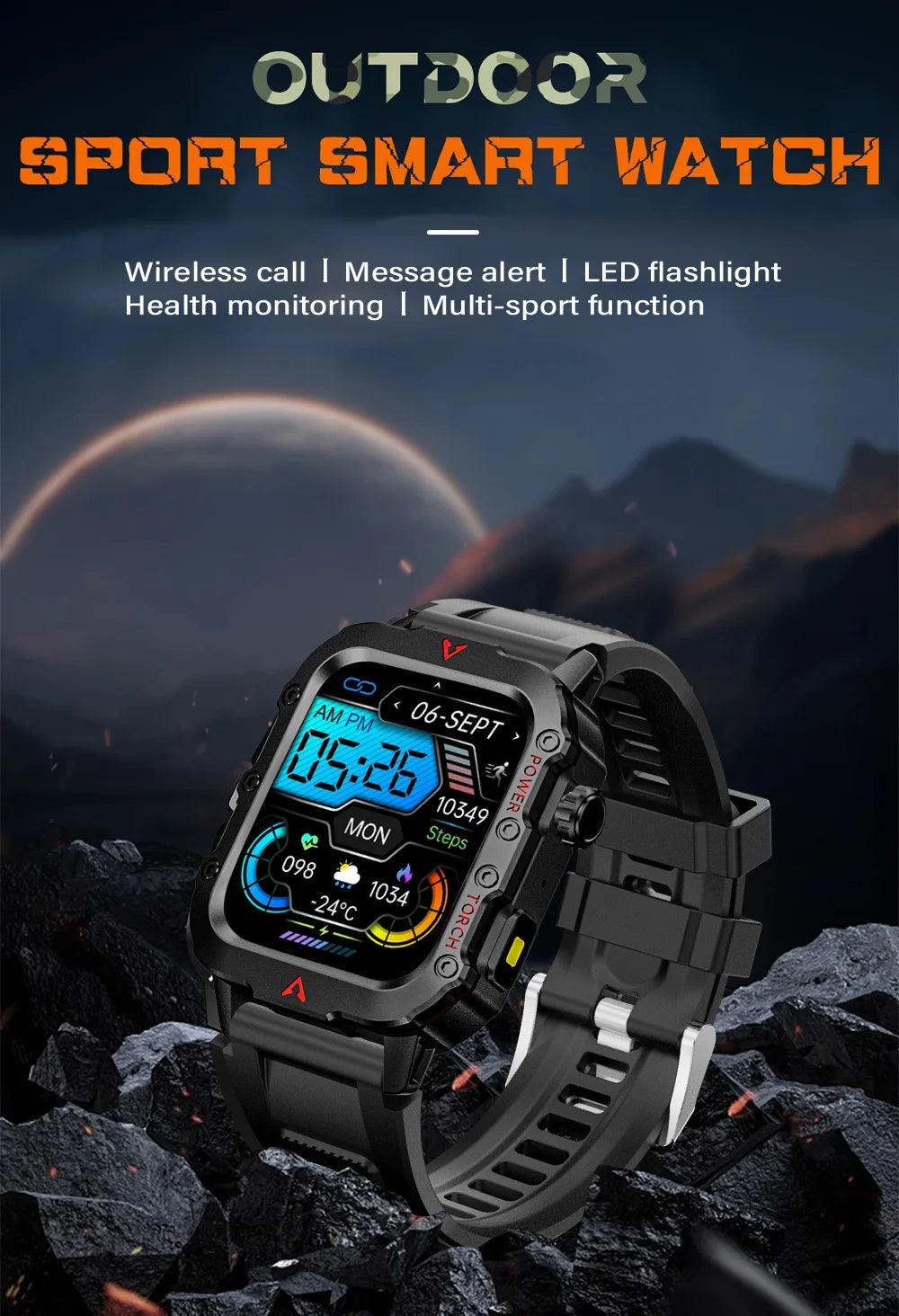 Men's Smart Watch with LED Flashlight - Outdoor Sports Health Monitoring Wristwatch