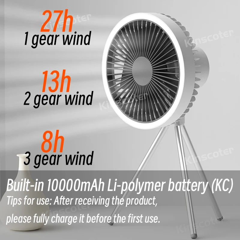 Rechargeable Camping Fan - 10000mAh Power Bank with LED Lighting | Portable Desktop & Wireless Ceiling Electric Circulator Fan
