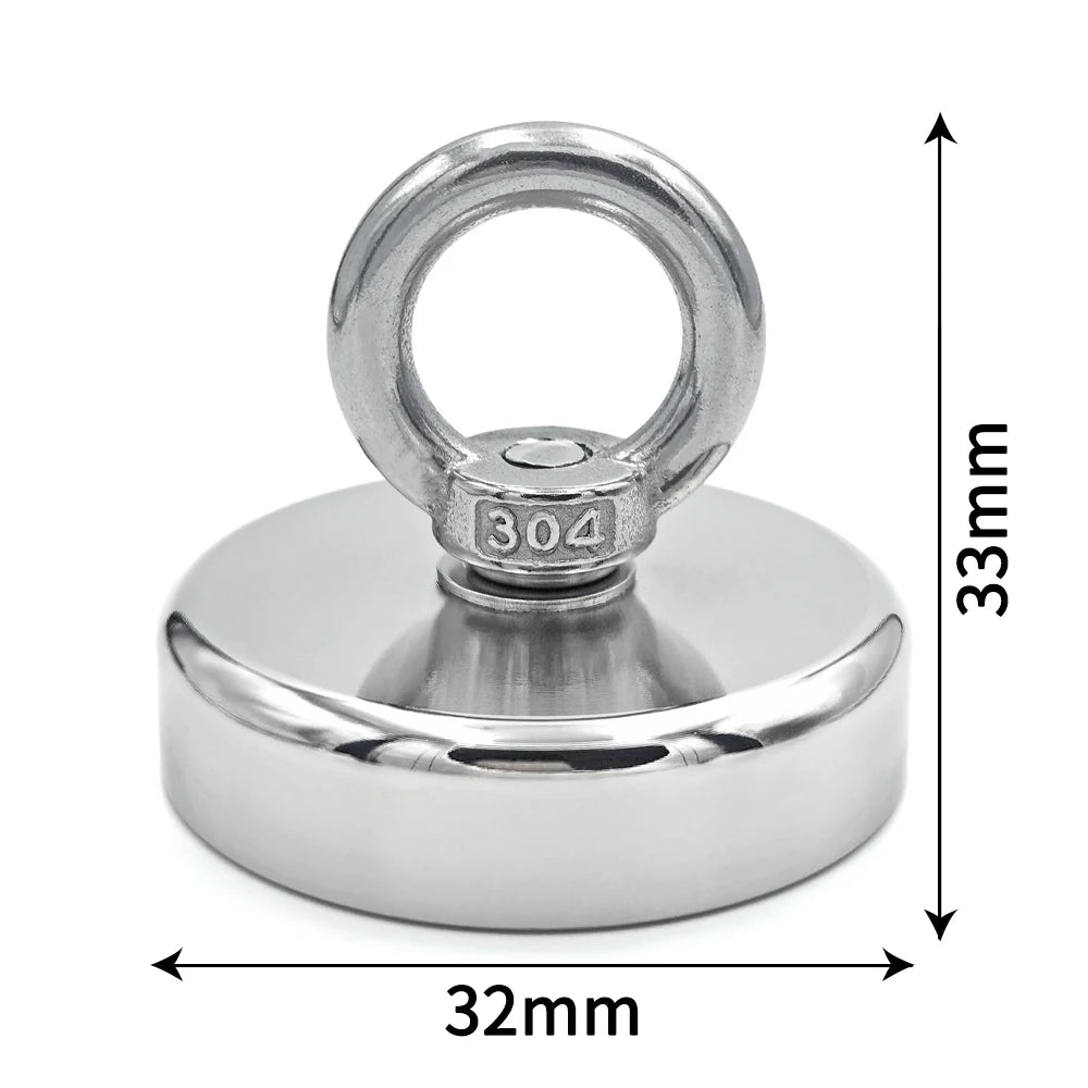 Neodymium Fishing Magnet - N52 Heavy Duty Rare Earth Magnet with Eyebolt (D16-D42mm, 5-61kg Pull Force)
