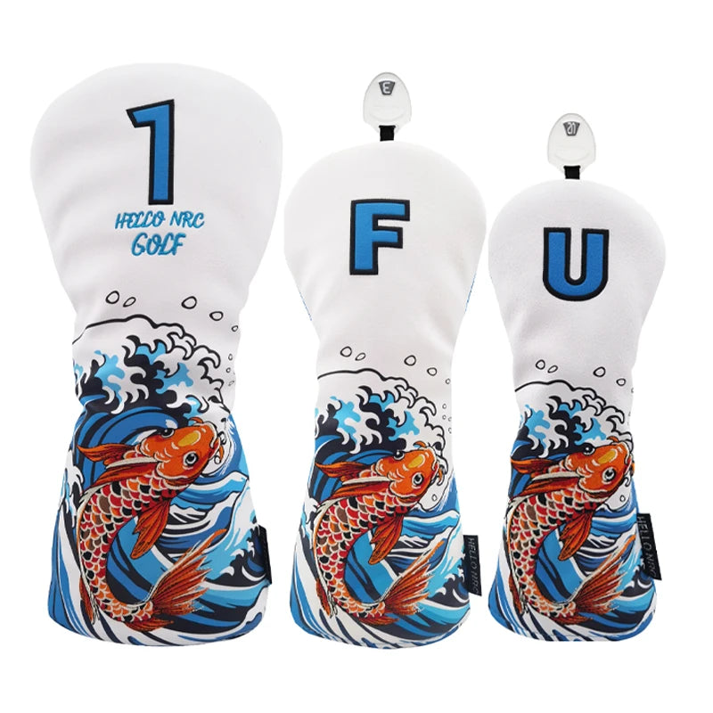 Koi Pattern Golf Club Head Covers – PU Leather, Waterproof, Driver / Fairway / Hybrid / Putter