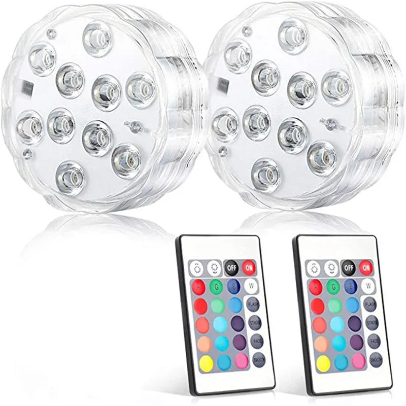 RGB LED Underwater Light - 10 LED Battery Powered Submersible Night Lamp for Swimming Pools, Gardens, Weddings & Party Decorations