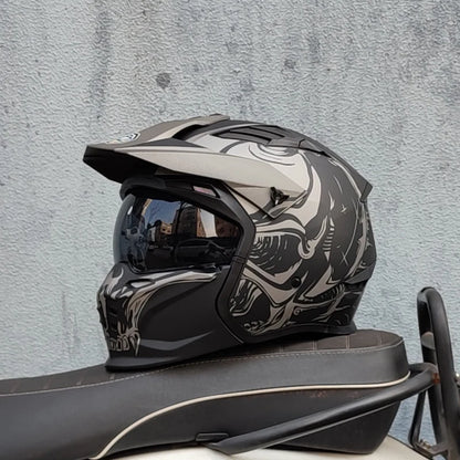 ORZ Black Warrior Vintage Motorcycle Helmet - Full Face & Half Face Combination Helmet for Cruising and Motocross