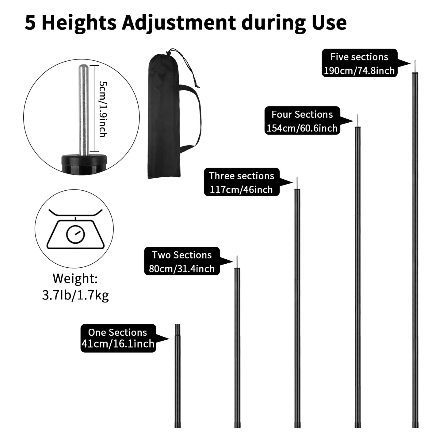 Adjustable Telescopic Tent Poles - Set of 2 Universal Aluminum Camping Awning Poles for Tarp, Sun Sail & Shelter Accessories