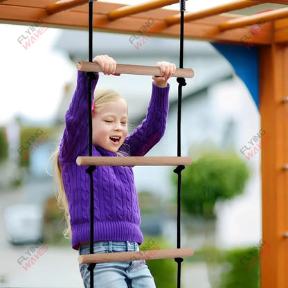 Kids Wooden Rope Ladder Climbing Swing - Indoor Outdoor Playground Recreation Set