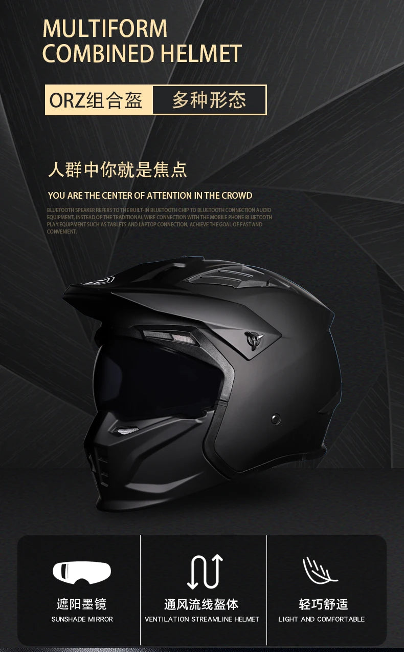 ORZ Black Warrior Vintage Motorcycle Helmet - Full Face & Half Face Combination Helmet for Cruising and Motocross