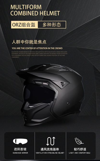 ORZ Black Warrior Vintage Motorcycle Helmet - Full Face & Half Face Combination Helmet for Cruising and Motocross