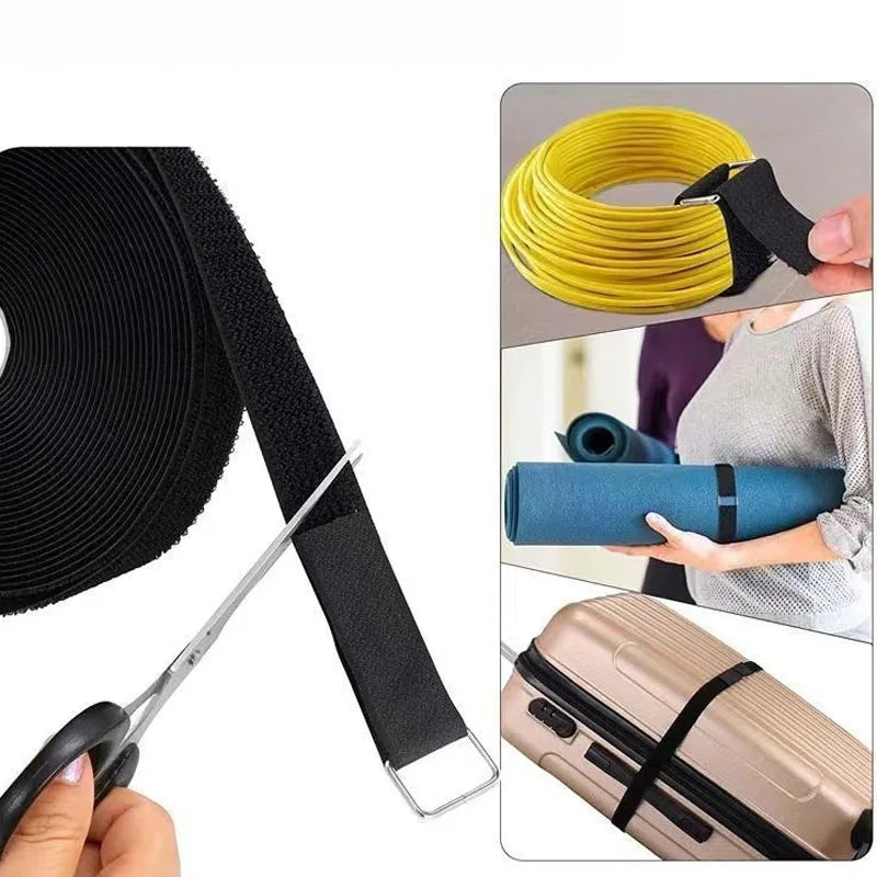 2M Cut-to-Length Reusable Nylon Cable Organizer Strap - Self-Adhesive Hook and Loop Fastening Tape with Buckle for Storage and Securing