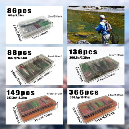 Professional Fishing Lure Kit - 86/88/136/149/366 Pieces Multi-Species Tackle Set for Trout, Pike & Bass with Layered Pro Gear Tackle Box