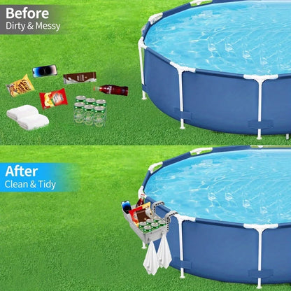 Premium Pool Storage Basket with Cup Holder - Heavy-Duty Plastic Organizer for Above Ground Pools & Outdoor Swimming