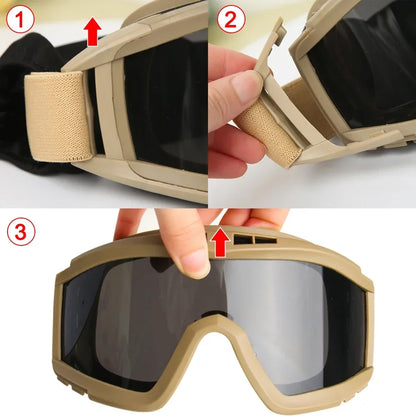 Tactical Airsoft Goggles - 3 Interchangeable Lens - Windproof Dustproof Protection for Shooting, Motocross, Motorcycle & Mountaineering