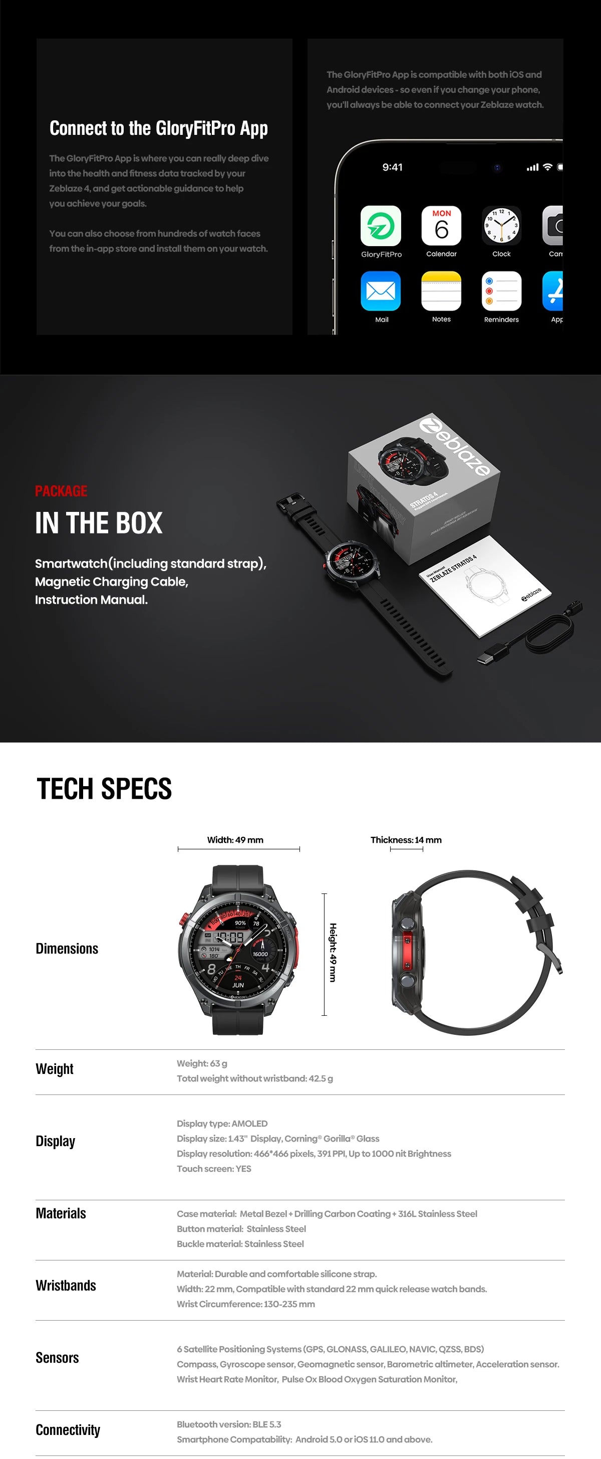 Zeblaze Stratos 4 GPS Smartwatch - 1.43'' AMOLED Screen with Compass, Barometric Altimeter, Flashlight & Voice Calling