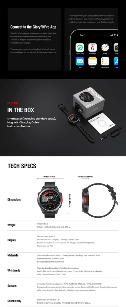 Zeblaze Stratos 4 GPS Smartwatch - 1.43'' AMOLED Screen with Compass, Barometric Altimeter, Flashlight & Voice Calling