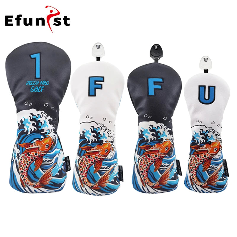 Koi Pattern Golf Club Head Covers – PU Leather, Waterproof, Driver / Fairway / Hybrid / Putter