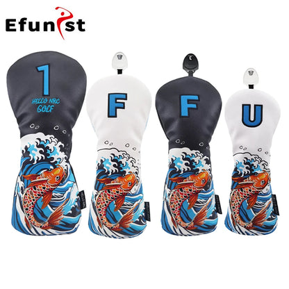 Koi Pattern Golf Club Head Covers – PU Leather, Waterproof, Driver / Fairway / Hybrid / Putter