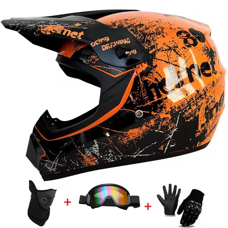 Kids Motocross Helmet Kit - DOT/ECE Certified Full-Face Helmet with Goggles & Gloves (Youth Off-Road Protection Set)