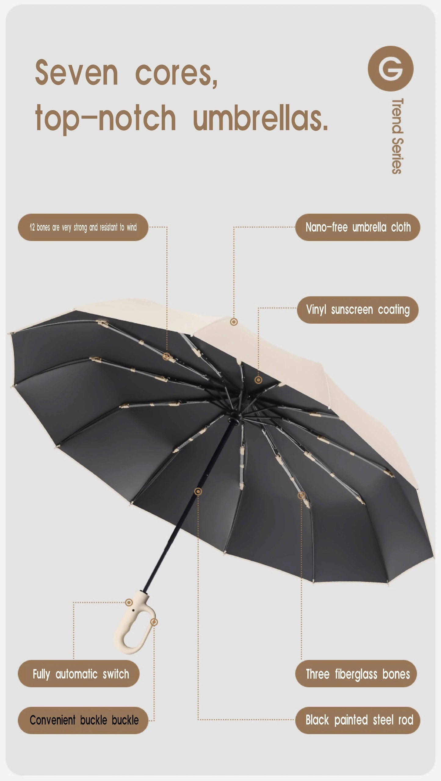 Extra Large 12-Rib Automatic Umbrella - Windproof Dual-Purpose Folding Rain & Sun Umbrella with Ring Buckle & Black Coating