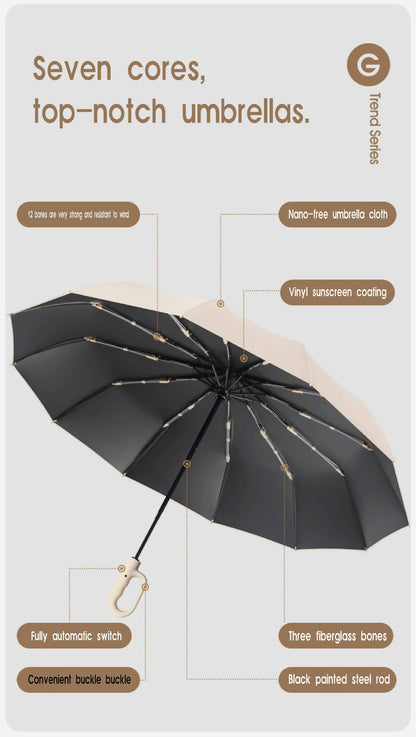 Extra Large 12-Rib Automatic Umbrella - Windproof Dual-Purpose Folding Rain & Sun Umbrella with Ring Buckle & Black Coating