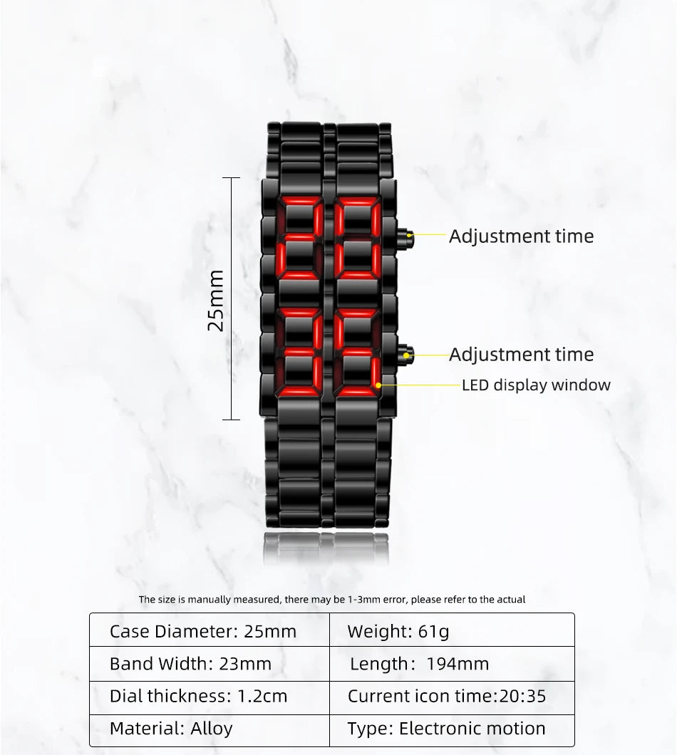LED Digital Sports Watch - Full Metal Lava Style Wristwatch with Alarm & Calendar (Red/Blue Display)