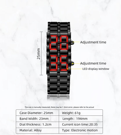 LED Digital Sports Watch - Full Metal Lava Style Wristwatch with Alarm & Calendar (Red/Blue Display)