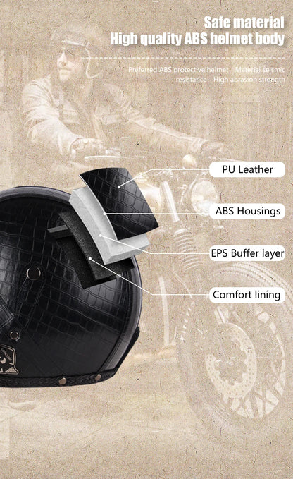 Retro Open Face 3/4 Motorcycle Helmet - Classic PU Leather Chopper & Bicycle Helmet (Vintage Style)