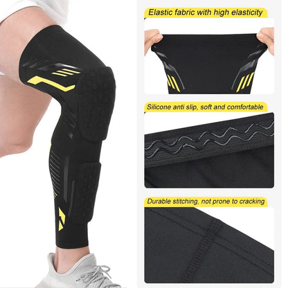 Padded Knee Compression Sleeve - Long Leg Calf Protection Sports Brace for Soccer - Adult & Youth Shin Pads (1 Piece)