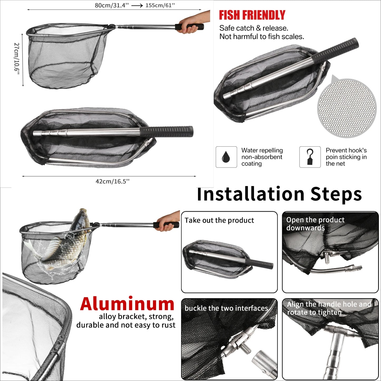 Professional Telescoping Fishing Landing Net - Aluminum Alloy Construction - Extends 55cm to 190cm with Folding Mesh Design