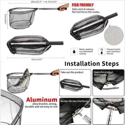 Professional Telescoping Fishing Landing Net - Aluminum Alloy Construction - Extends 55cm to 190cm with Folding Mesh Design