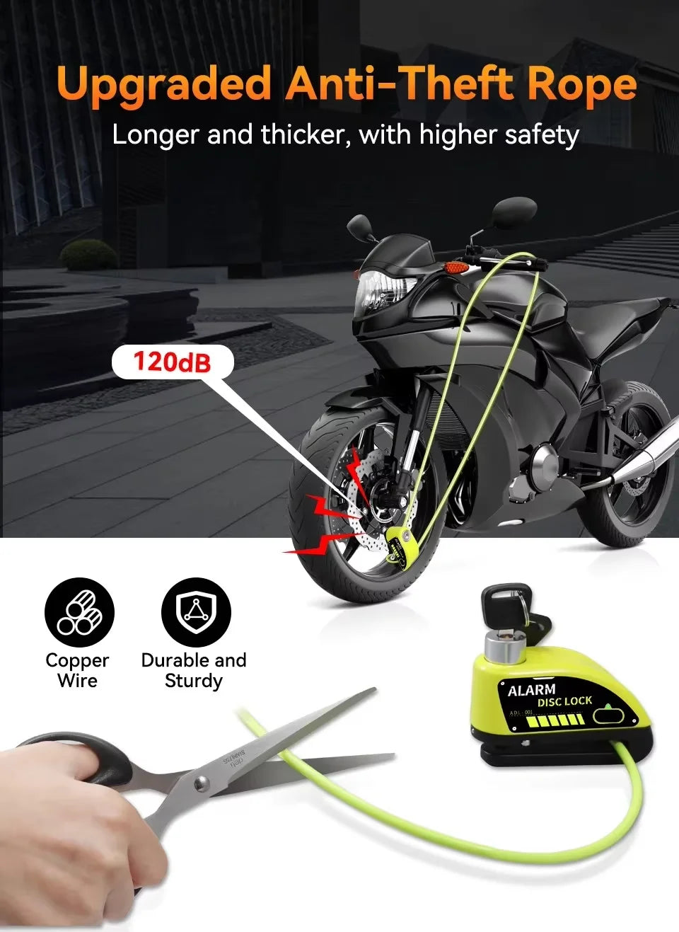 Motorcycle Disc Lock Reminder Cable - 1.2M Yellow Anti-Theft Security Alarm Spring Rope