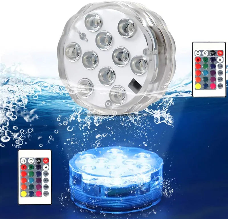 RGB LED Underwater Light - 10 LED Battery Powered Submersible Night Lamp for Swimming Pools, Gardens, Weddings & Party Decorations
